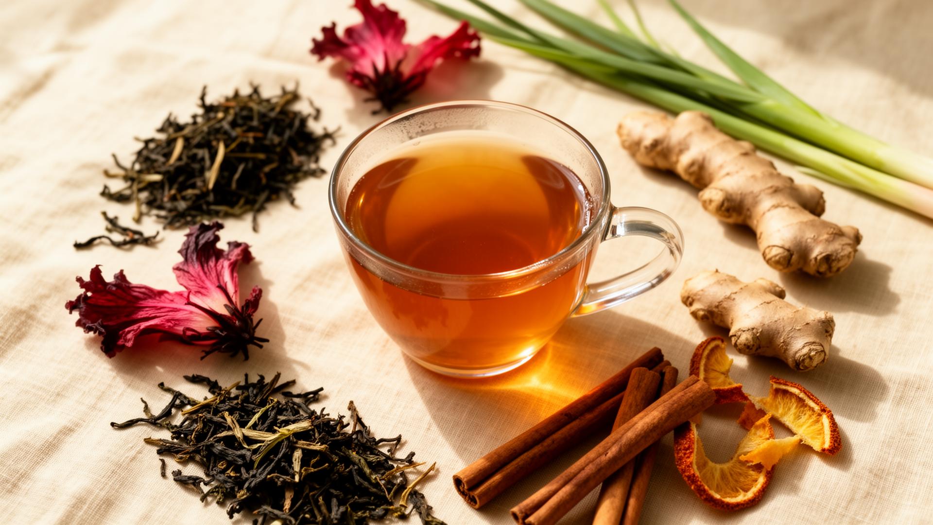 Glass cup of amber tea surrounded by loose tea, ginger, lemongrass and hibiscus